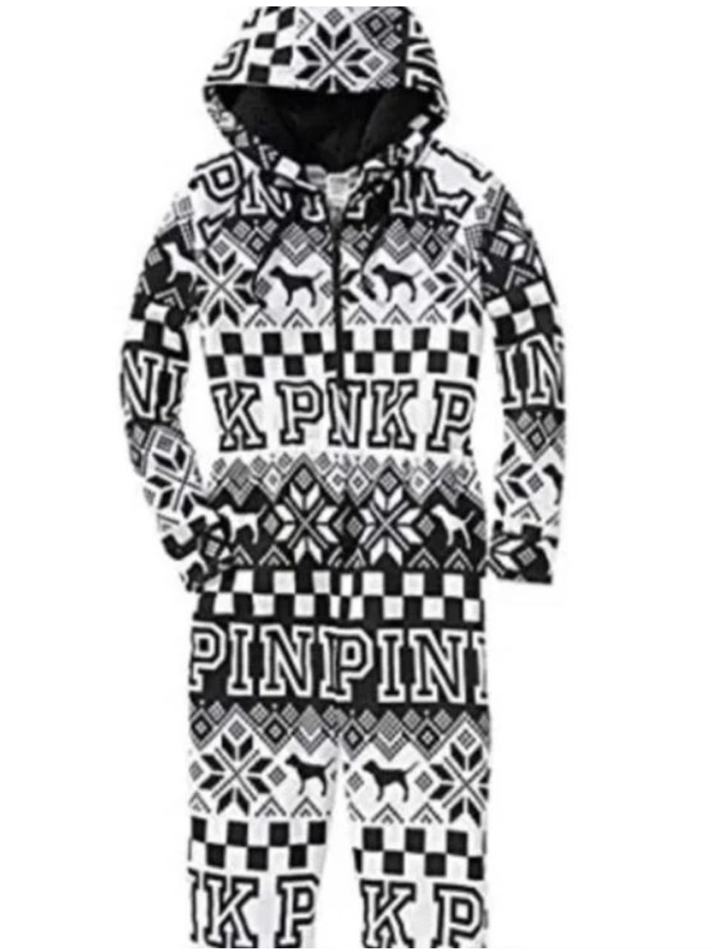 Y2K Victoria's Secret PINK 1-Piece Sherpa Hood Pajama Jumpsuit Fair isle S Snow
